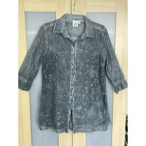 Parsley & Sage Sz M Gray Embellished Tunic Blouse Boho Artsy‎ Lace Sheer Top
